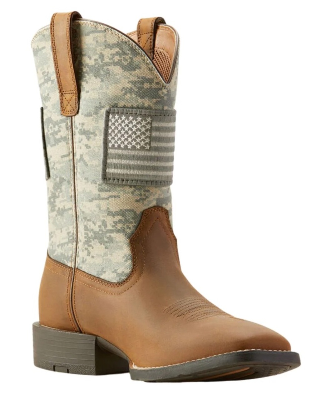 Ariat Brown Leather & Camo Pull-On Kids Western Boot with Flag Patch